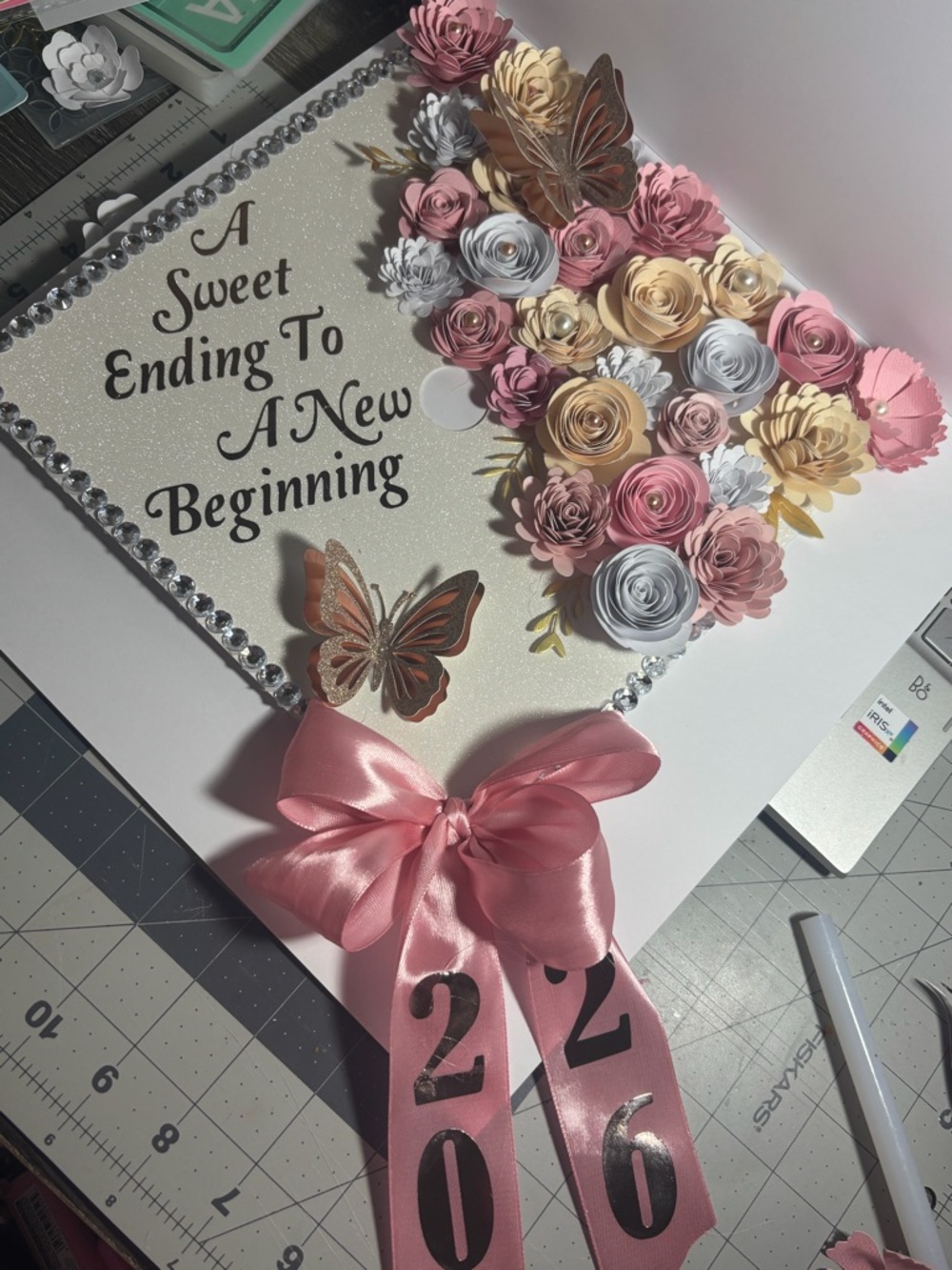 Handcrafted Floral Graduation Cap Topper with Pink Ribbon - Picture 3 of 3